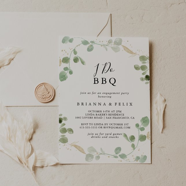 Invitation Gold Parties scintillant Eucalyptus I Do BBQ Engag (Créateur téléchargé)