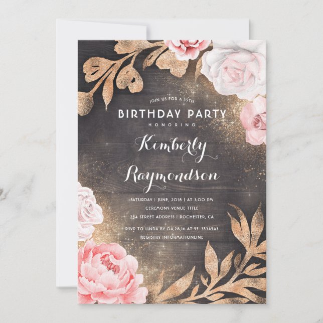 Invitation Gold Parties scintillant Floral Rustic Country Ann (Devant)