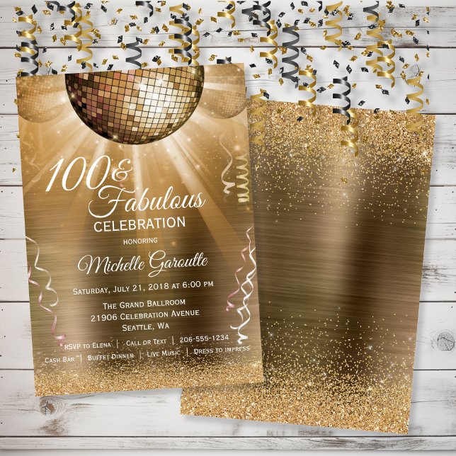 Invitation Gold Parties scintillant Glam 100 et Fabulous Disc (Gold Glitter Glam 100 and Fabulous Disco Ball Invitation)