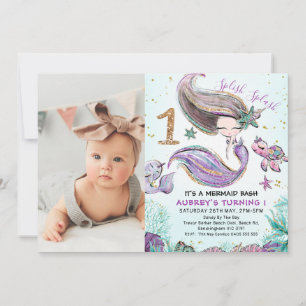 Invitation Gold Parties scintillant One Purple Mermaid Photo 