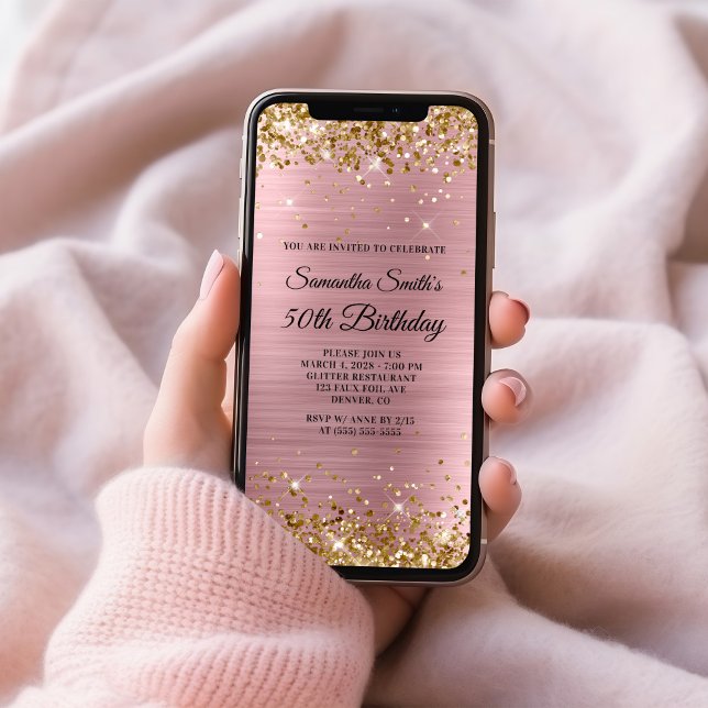 Invitation Gold Parties scintillant Pink Foil 50e anniversair (Gold Glitter Light Pink Foil 50th Birthday Invitation)