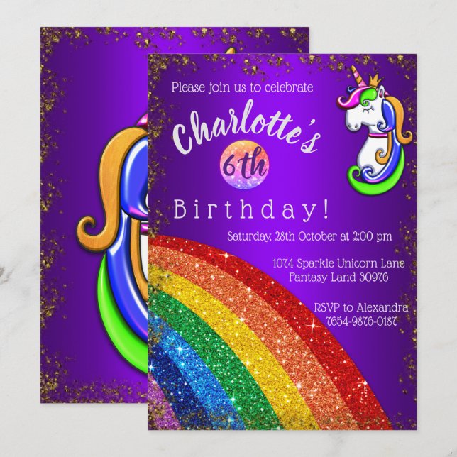 Invitation Gold Parties scintillant Rainbow Purple Unicorn An (Devant / Derrière)