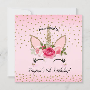 Invitation Gold Parties scintillant & Rose Floral Unicorn fêt