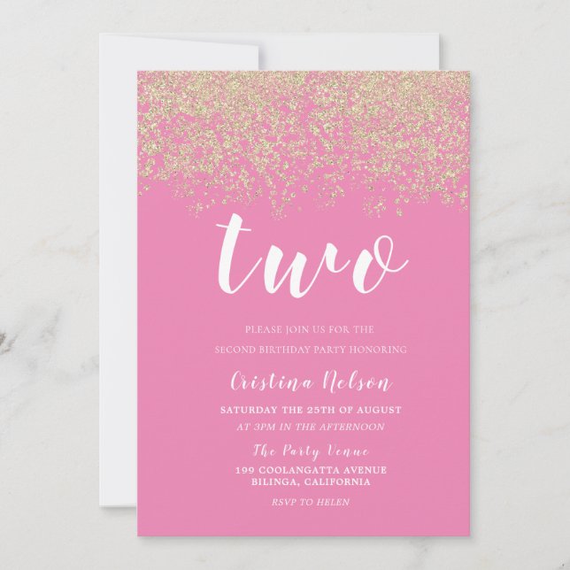 Invitation Gold Parties scintillant Rose Girls 2e fête d'anni (Devant)