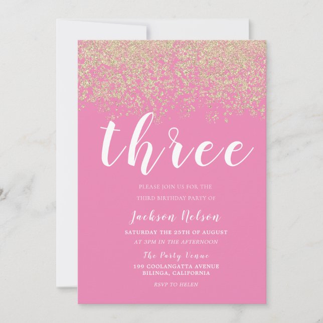 Invitation Gold Parties scintillant Rose Girls 3e fête d'anni (Devant)