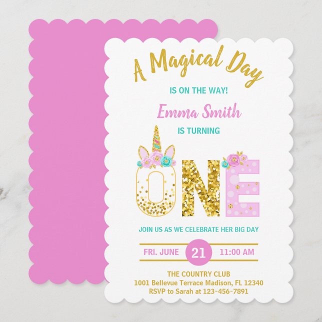 Invitation Gold Parties scintillant rose Unicorne 1er anniver (Devant / Derrière)
