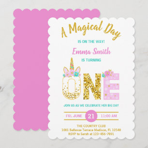 Invitation Gold Parties scintillant rose Unicorne 1er anniver