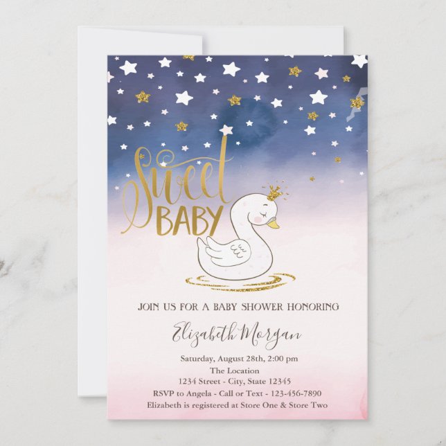 Invitation Gold Parties scintillant Star, Baby shower Swan (Devant)