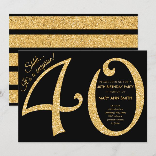 Invitation Gold Parties scintillant Surprise 40e anniversaire (Devant / Derrière)