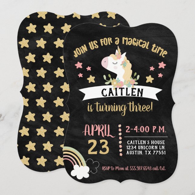 Invitation Gold Parties scintillant Unicorn Anniversaire Part (Devant / Derrière)