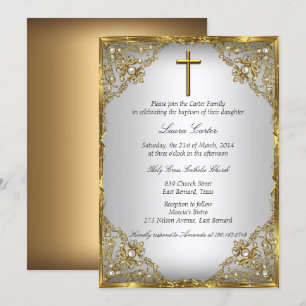 Invitation Gold Pearl Damask & Cross Baptism/Christening