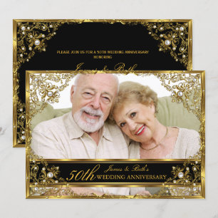 Invitation Gold Pearl Damask Photo 50e anniversaire de Mariag
