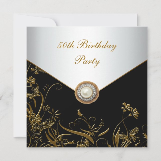 Invitation Gold Pearl Floral Woman 50e Anniversaire (Devant)