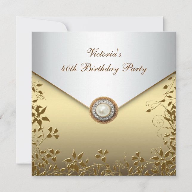 Invitation Gold Pearl Floral Womans 40e fête d'anniversaire (Devant)