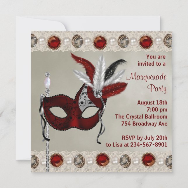 Invitation Gold Pearl Red Masquerade Party (Devant)