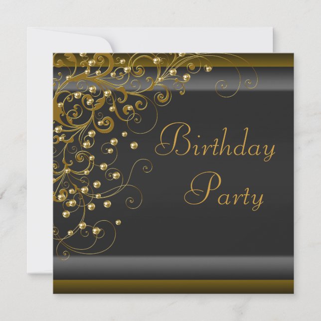 Invitation Gold Pearl Swirl Womans Black Gold fête d'annivers (Devant)