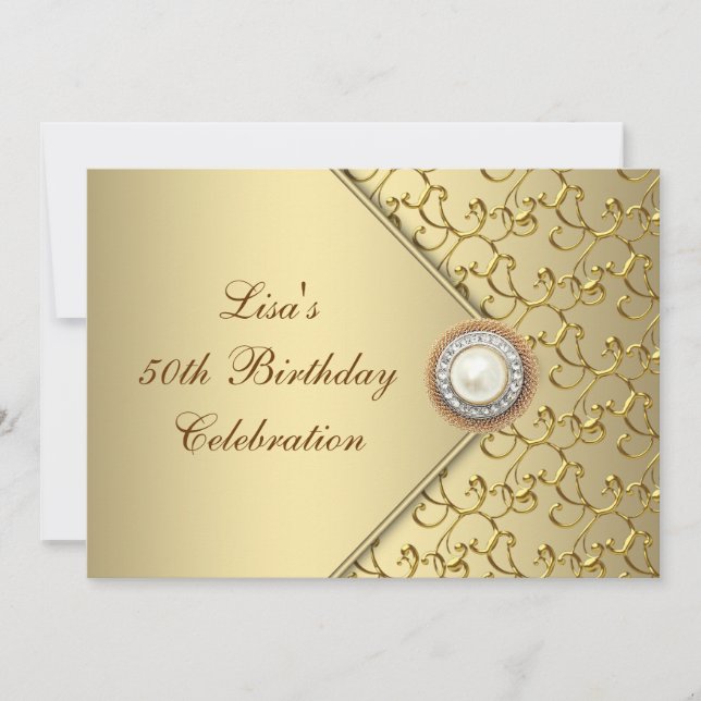 Invitation Gold Pearl Womans 50e fête d'anniversaire (Devant)