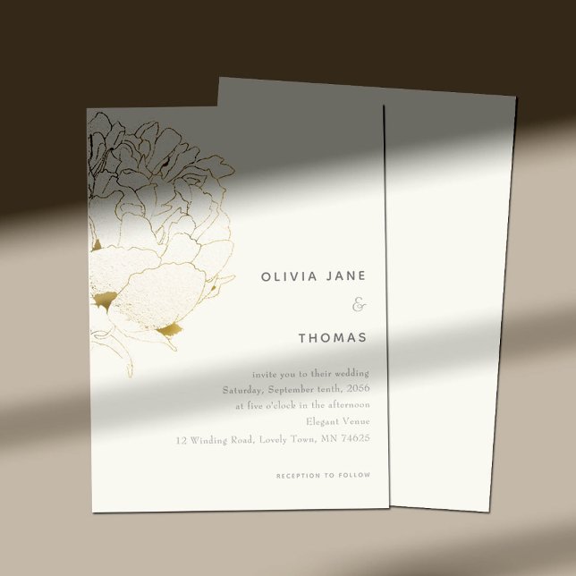 Invitation Gold Peony Elégant croquis floral BW Mariage (Créateur téléchargé)