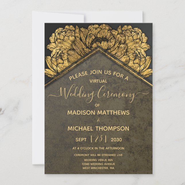 Invitation Gold Peony Mariage virtuel Livestream Mariage Invi (Devant)
