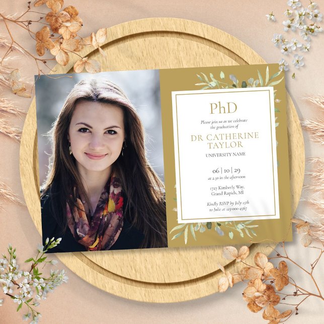 Invitation Gold PhD Diplôme de verdure Photo de graduation (Gold PhD Degree Greenery Graduation Photo Invitation)