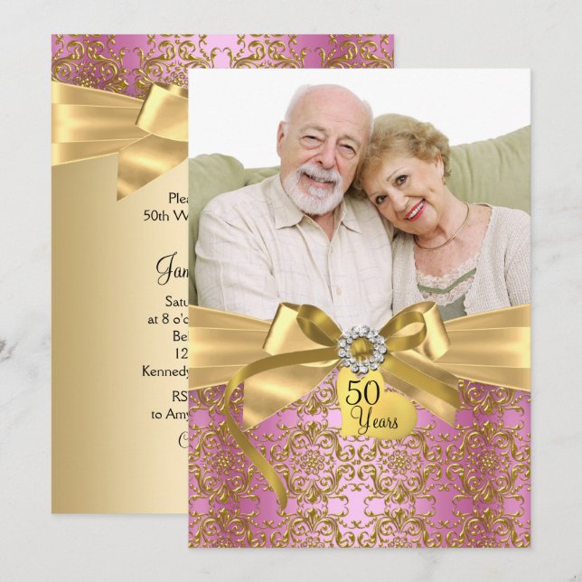 Invitation Gold Pink Damask & Bow Photo 50e anniversaire (Devant / Derrière)