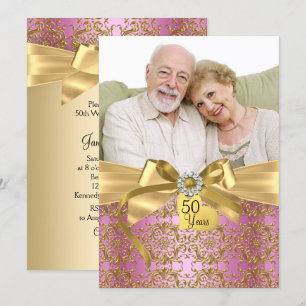 Invitation Gold Pink Damask & Bow Photo 50e anniversaire