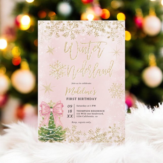 Invitation Gold Pink Winter Wonderland Première fête d'annive (Gold Pink Winter Wonderland First Birthday Party Invitation)