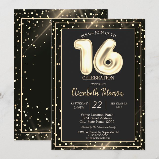 Invitation Gold Pois Black Sweet 16 Party (Devant / Derrière)