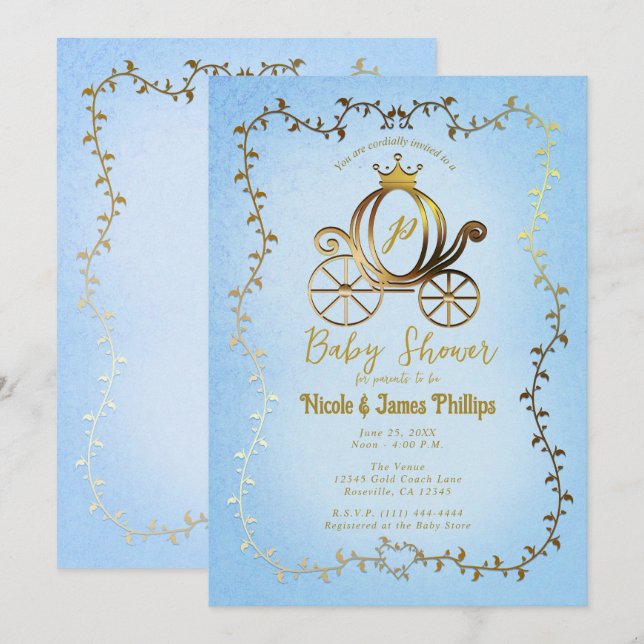 Invitation Gold Princess Carriage Blue Storybook Baby shower (Devant / Derrière)