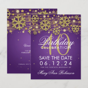 Invitation Gold Purple 40e anniversaire Date de sauvegarde hi