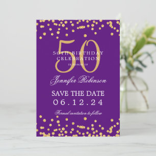 Invitation Gold Purple 50th Birthday Enregistrer la date Déta