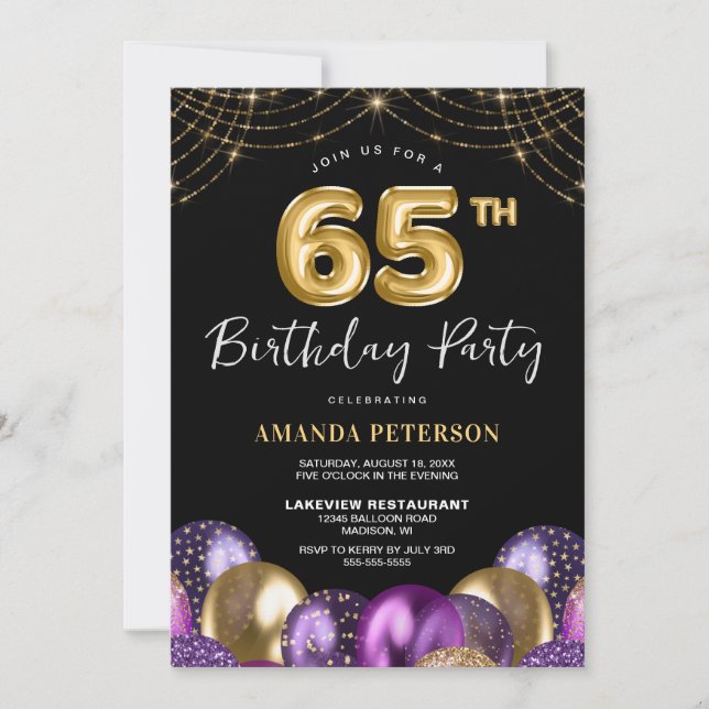Invitation Gold Purple 65e fête d'anniversaire (Devant)