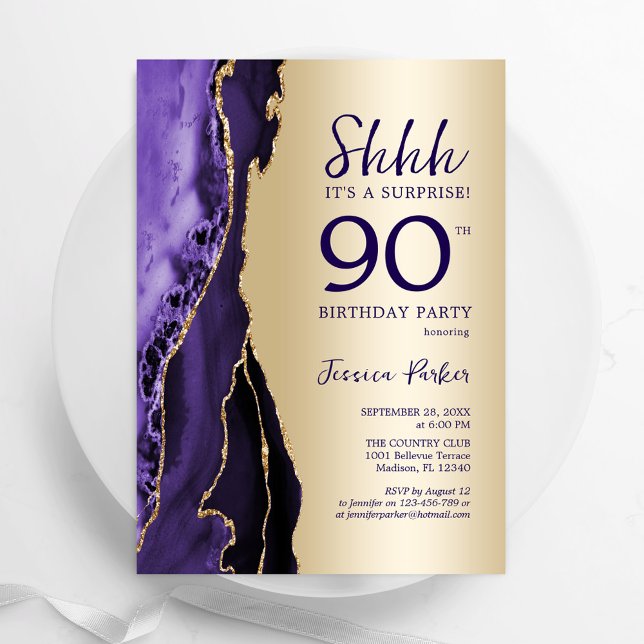 Invitation Gold Purple Agate Surprise 90e anniversaire (Créateur téléchargé)