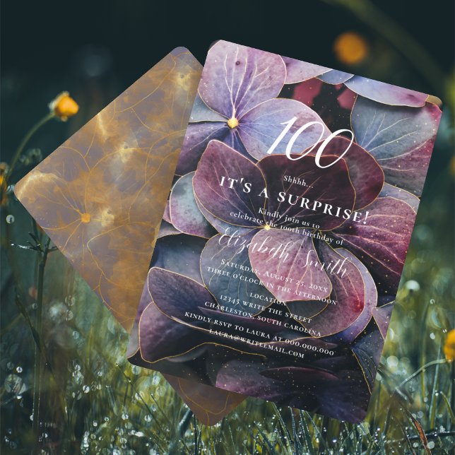 Invitation Gold Purple Blue Hydrangea Surprise 100e anniversa (Créateur téléchargé)