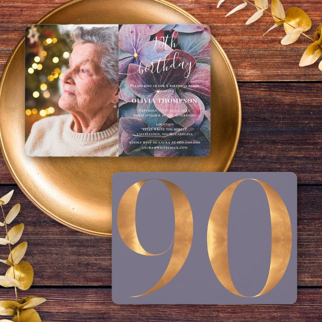Invitation Gold Purple Blue Hydrangeas 90e anniversaire Photo (Front / Back)