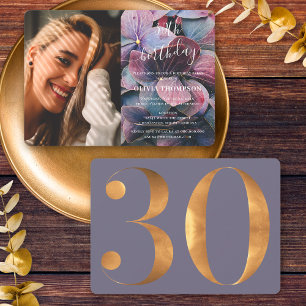 Invitation Gold Purple Blue Hydrangeas photo 30e anniversaire
