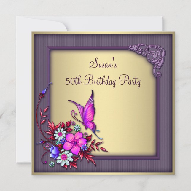 Invitation Gold Purple Butterfly Womans 50e fête d'anniversai (Devant)