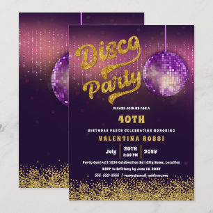 Invitation Gold Purple Disco Party Anniversaire
