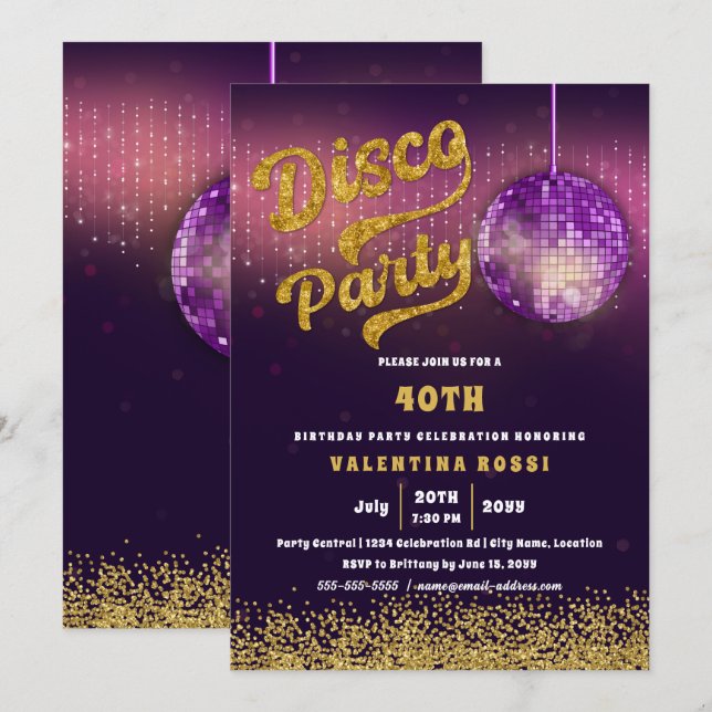 Invitation Gold Purple Disco Party Anniversaire (Devant / Derrière)