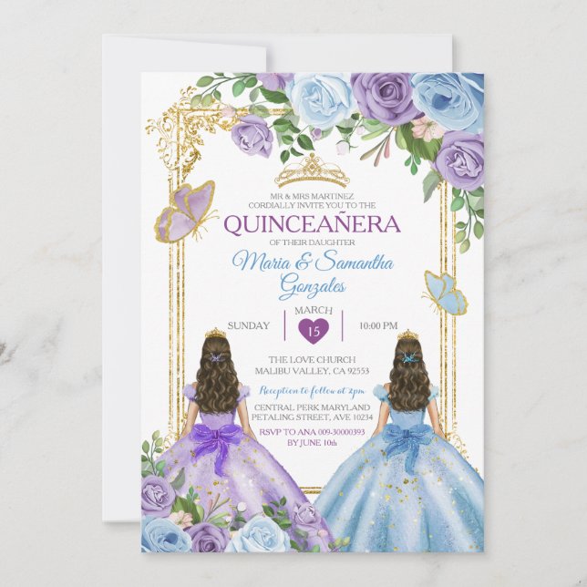 Invitation Gold Purple Et Bleu Floral Couronne Twin Quinceañe (Devant)
