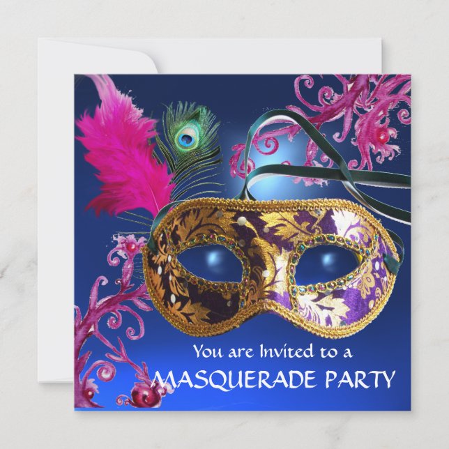 Invitation GOLD PURPLE FEATHER DAMASK MASK Masquerade Party (Devant)