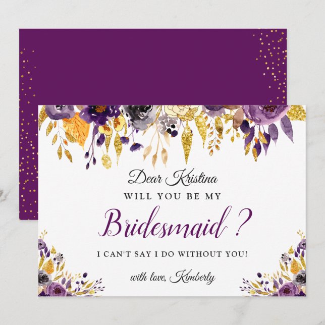 Invitation Gold Purple Floral Serez-Vous Ma Femme D'Accueil (Devant / Derrière)
