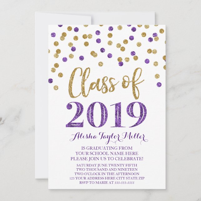 Invitation Gold Purple Parties scintillant Confetti Graduatio (Devant)