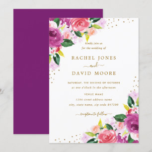 Invitation Gold Purple Rose Floral Aquarelle Mariage Inviter