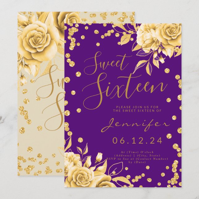 Invitation Gold Purple Sweet 16 Parties scintillant Confetti  (Devant / Derrière)