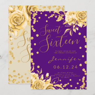 Invitation Gold Purple Sweet 16 Parties scintillant Confetti 