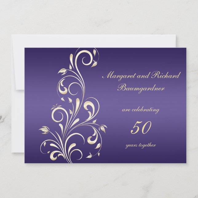 Invitation Gold Purple Swirls 50e anniversaire de Mariage (Devant)