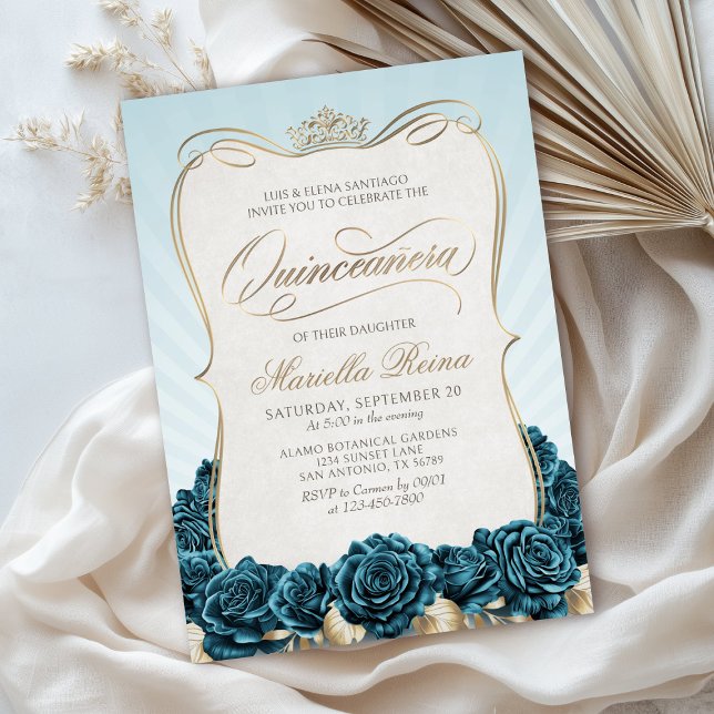 Invitation Gold Quinceañera turquoise (Créateur téléchargé)