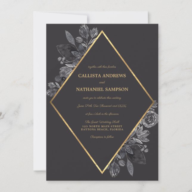 Invitation Gold Raven Black Floral Diamond Frame Mariage (Devant)