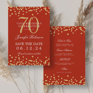 Invitation Gold Red 70th Birthday Enregistrer la date Détails